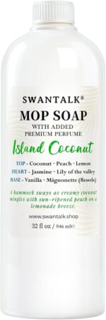 SWANTALK Premium Mop Soap Highly Scented, Odor-Eliminating Floor Cleaner for Mopping Hardwood, Tile, LVP, Laminate, 4X Concentrated Formula, Streak-Free No Residue, Pet Safe, 32oz (Island Coconut)