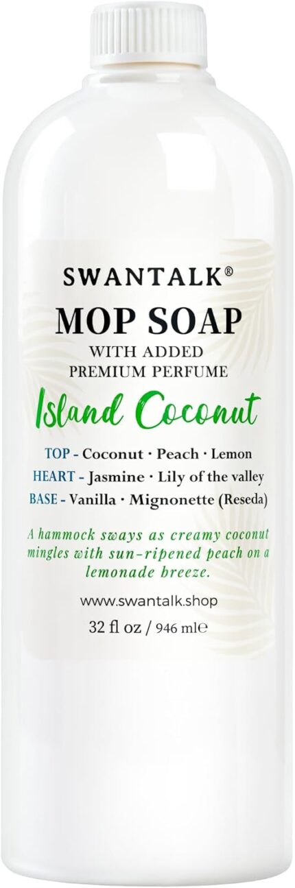 SWANTALK Premium Mop Soap Highly Scented, Odor-Eliminating Floor Cleaner for Mopping Hardwood, Tile, LVP, Laminate, 4X Concentrated Formula, Streak-Free No Residue, Pet Safe, 32oz (Island Coconut)