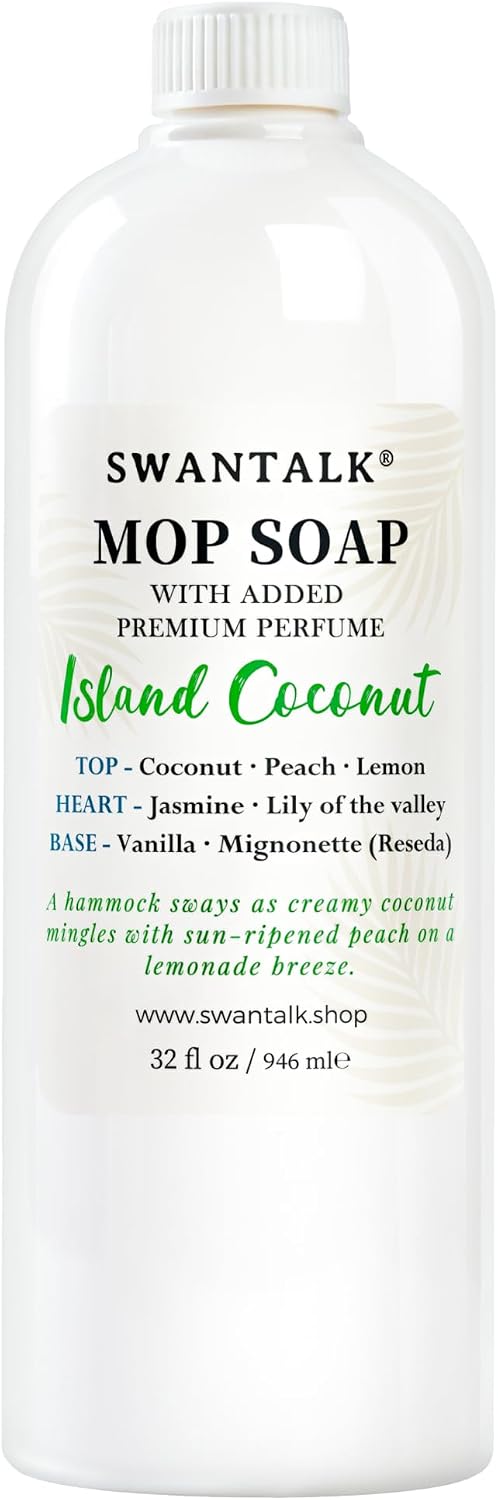SWANTALK Premium Mop Soap Highly Scented, Odor-Eliminating Floor Cleaner for Mopping Hardwood, Tile, LVP, Laminate, 4X Concentrated Formula, Streak-Free No Residue, Pet Safe, 32oz (Island Coconut)