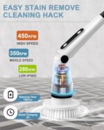 IEZFIX Electric Spin Scrubber, Bathroom Power Shower Scrubber Cleaning Brush for Tub/Tile/Floor/Toilet/Kitchen, 8 Cleaner Scrub Brush Heads, 3 Speeds 450RPM Max, Telescopic Rod Black - Image 3