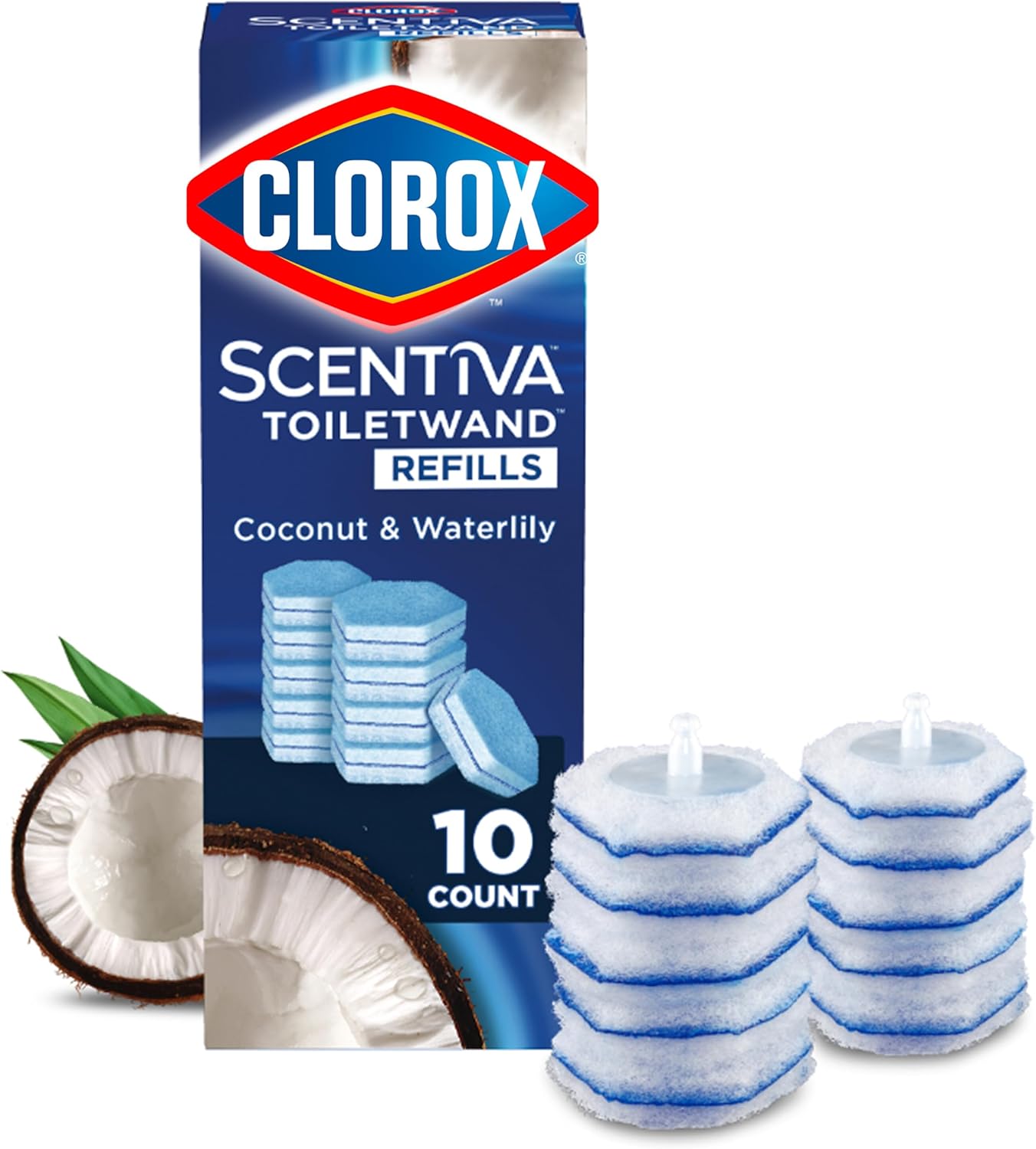 Clorox Scentiva ToiletWand Refills, Coconut and Waterlily, 10 Count | Disposable Toilet Brush Scrubbing Pads, Eliminates Hard Water and Lime Stains 2X Better than a Manual Brush
