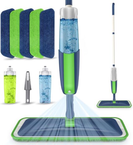Spray Wet Mops for Floors Cleaning: Hardwood Floor Mop Kit with 2 Bottles | 5 Washable Pads for Swiffer PowerMop, 360° Swivel Head, Commercial Dust Mop Refillable, for Laminate Vinyl Wood Tiles Ceramic