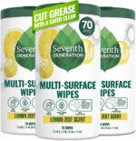 Seventh Generation Multi Surface Wipes, Pack of 3, for all purpose cleaning, lemon zest scent with 100% essential oils and botanical ingredients, 70 ct each