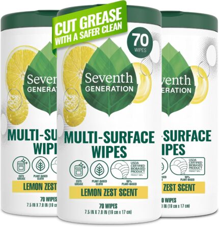 Seventh Generation Multi Surface Wipes, Pack of 3, for all purpose cleaning, lemon zest scent with 100% essential oils and botanical ingredients, 70 ct each