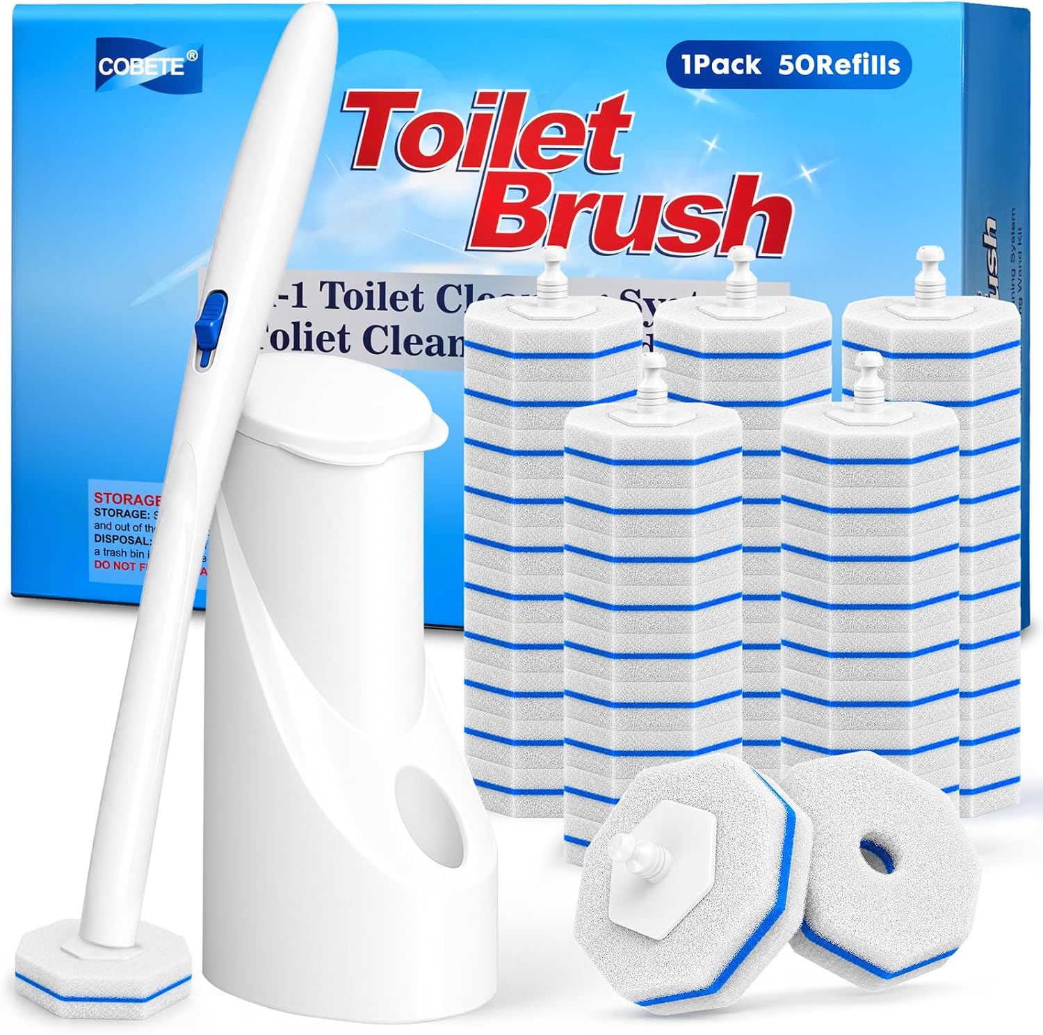 COBETE Disposable Toilet Brush Wand Kit with 50 Refills, Efficient Deep Scrubbing Toilet Bowl Cleaner Wand with Holder for Bathroom Toilet Cleaning(White)